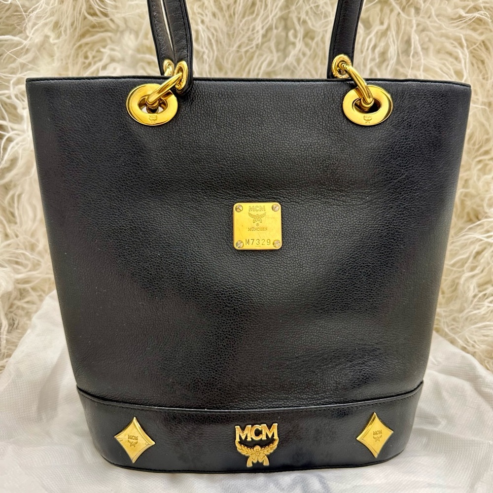 MCM black leather bucket tote bag